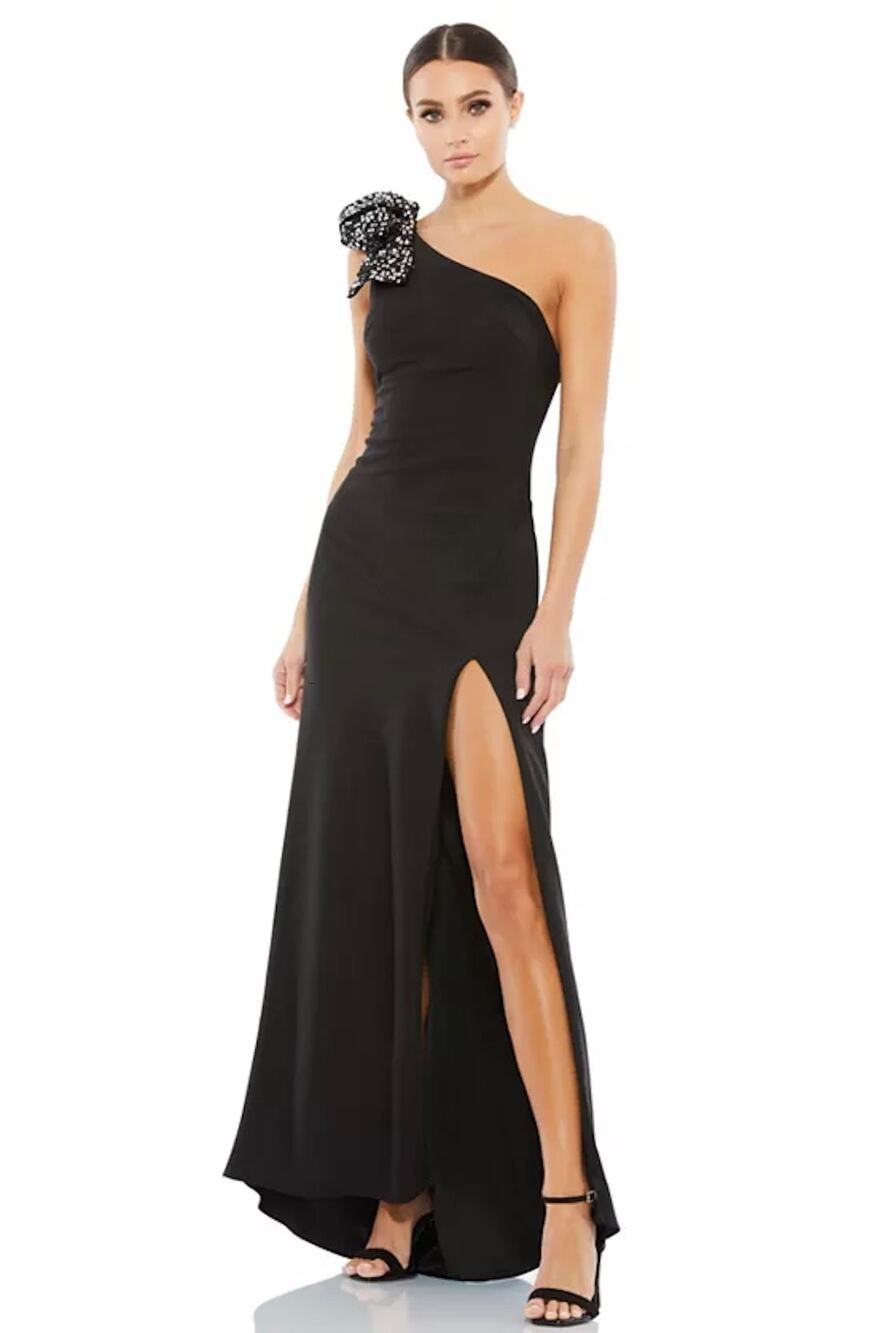 Mac Duggal Leena Women's 14 Black Sequined Bow One-Shoulder Sleeveless Gown NWT